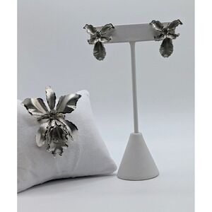 BN Silver Tone Orchid Flower Brooch Pin  Screw Back Earrings Set Crystal Accents